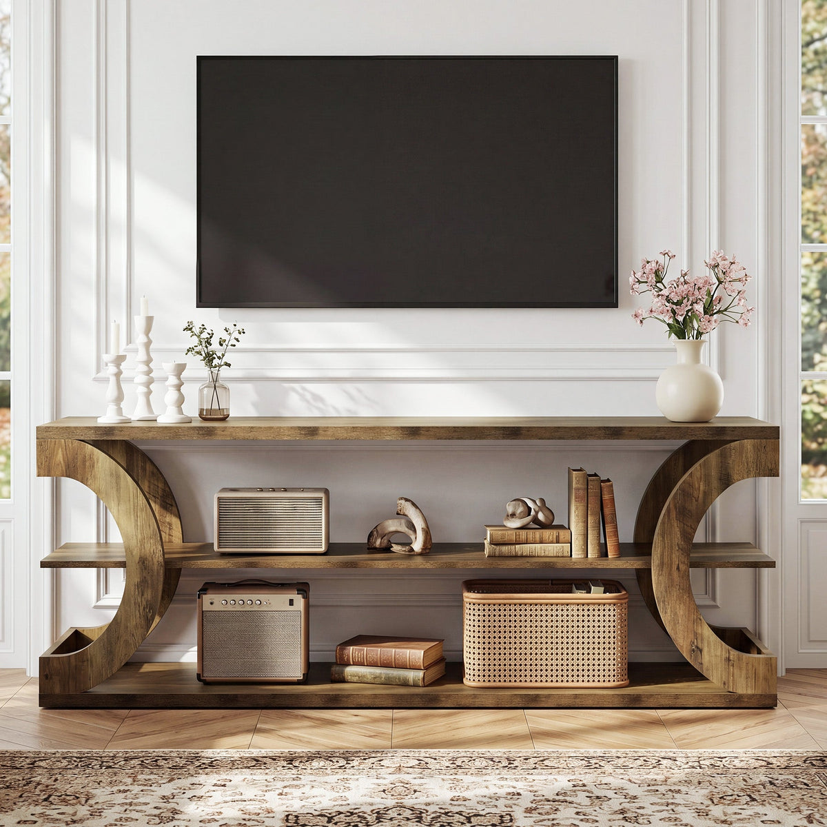 63" TV Stand for TVs up to 70", Farmhouse Entertainment Center with Shelves for Living Room