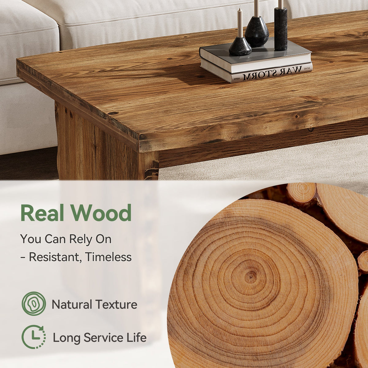 47.24" Solid Wood Coffee Table, Rectangular Center Table For Living Room