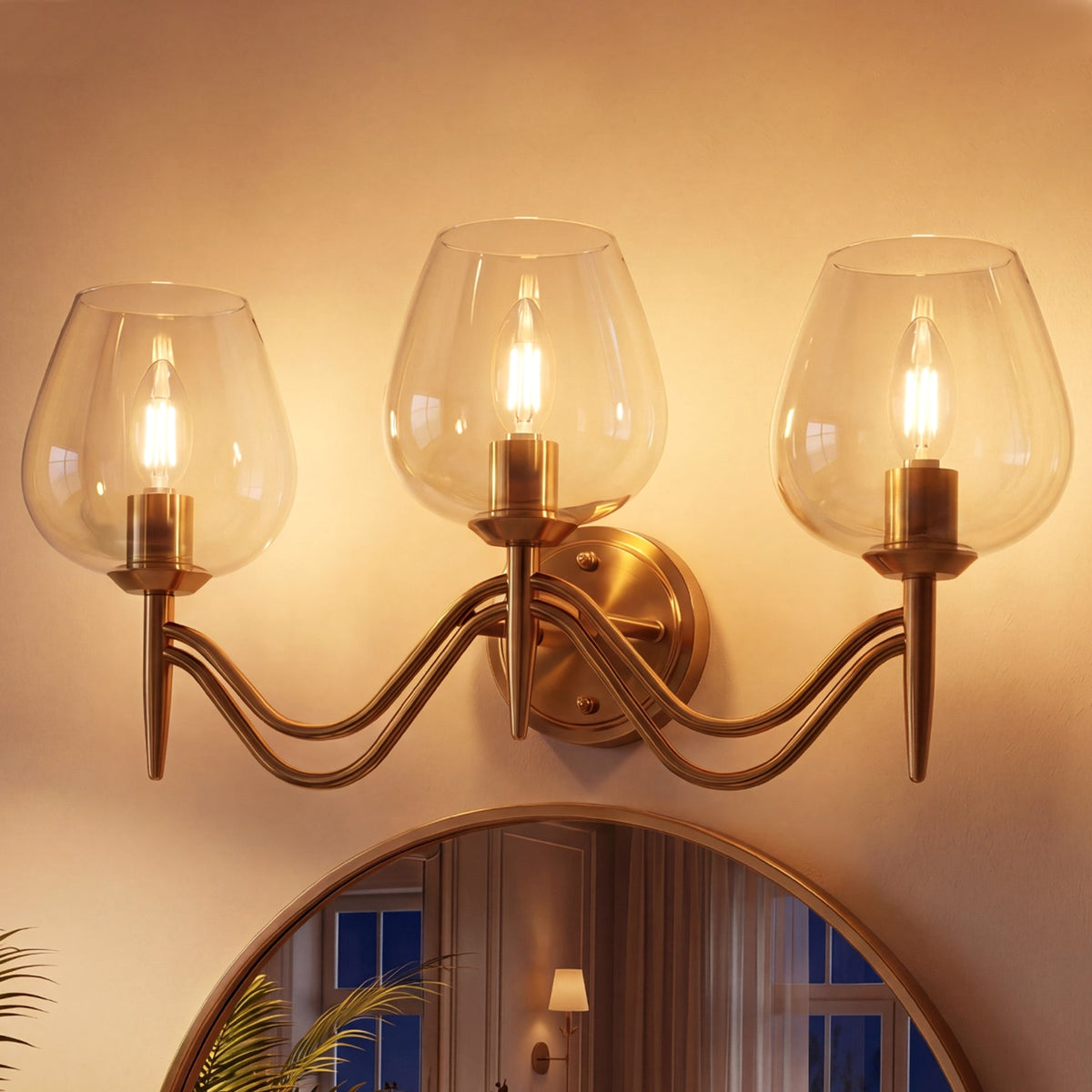 3-light Bathroom Vanity Light, Gold Metal & Clear Glass Wall Sconce With E12 Base