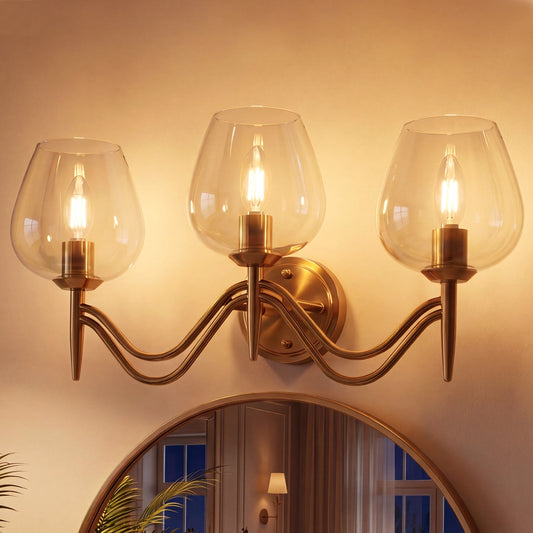 3-light Bathroom Vanity Light, Gold Metal & Clear Glass Wall Sconce With E12 Base
