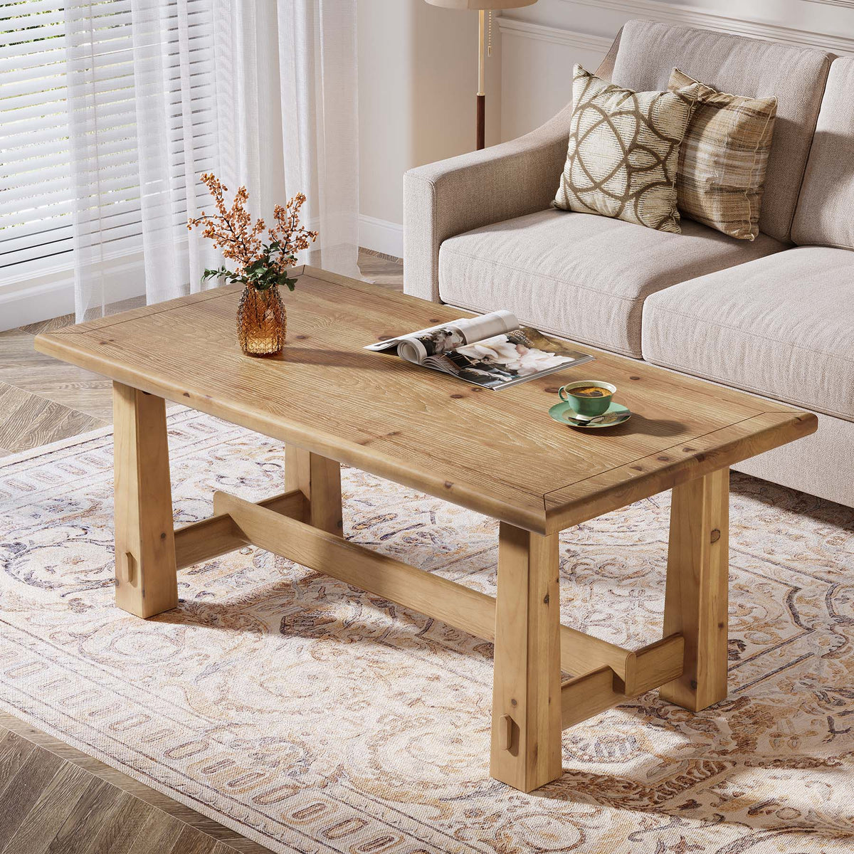 47" Solid Wood Coffee Table, Rectangular Center Table with H-Shaped Base