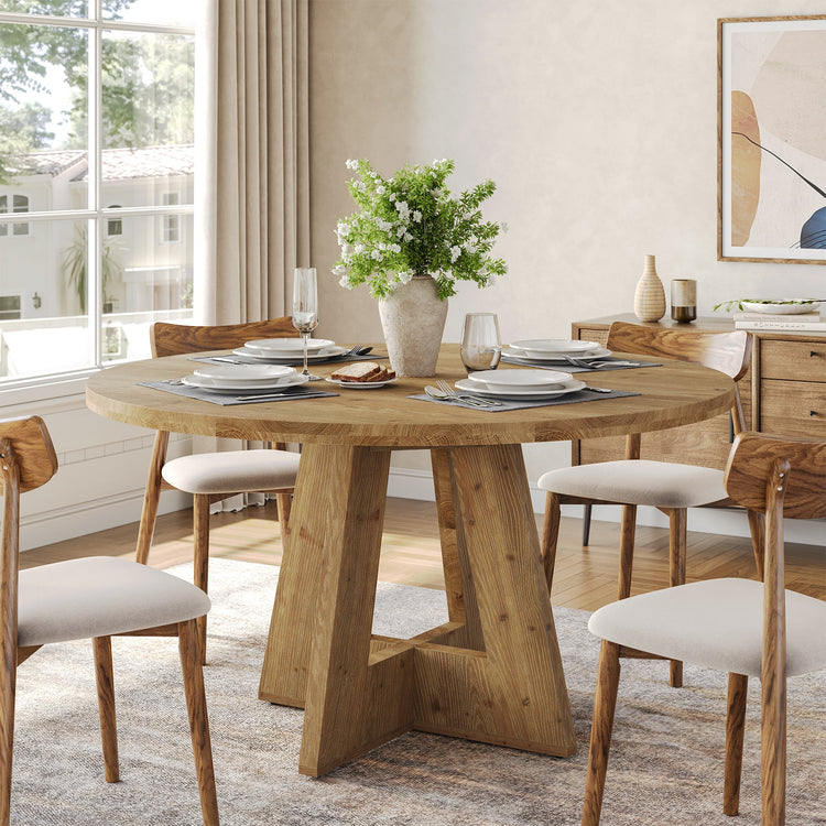 Solid Wood Round Dining Table, 47" Farmhouse Kitchen Table for 4-6
