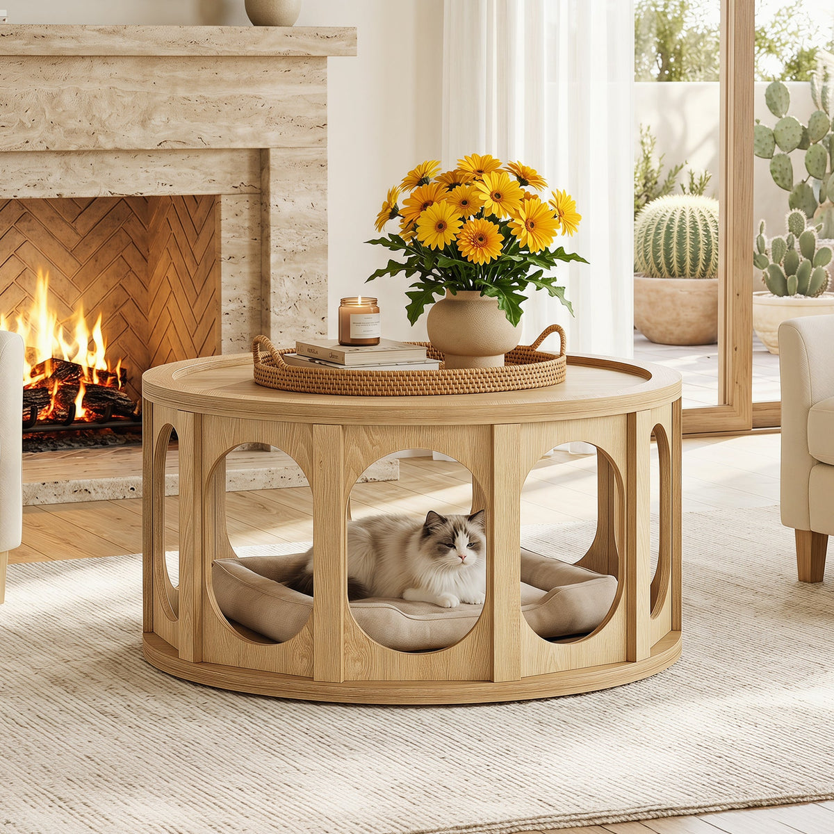 Tribesigns 31.5-Inch Modern Round Coffee Table with Open Storage Shelf, Wood Grain Center Table for Living Room