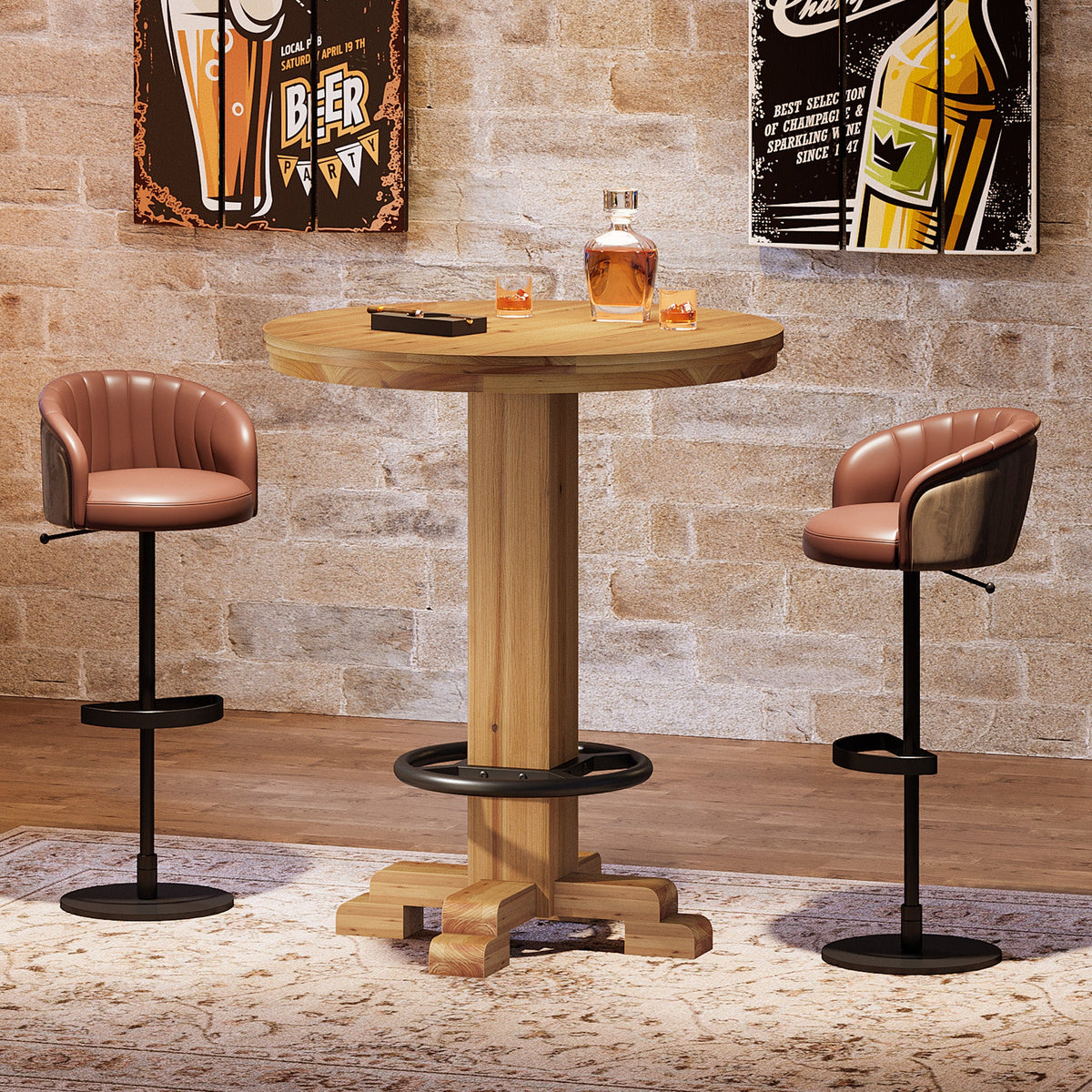 Solid Wood Round Bar Table, 37.4" H Bistro Pub Table with Metal Footrest