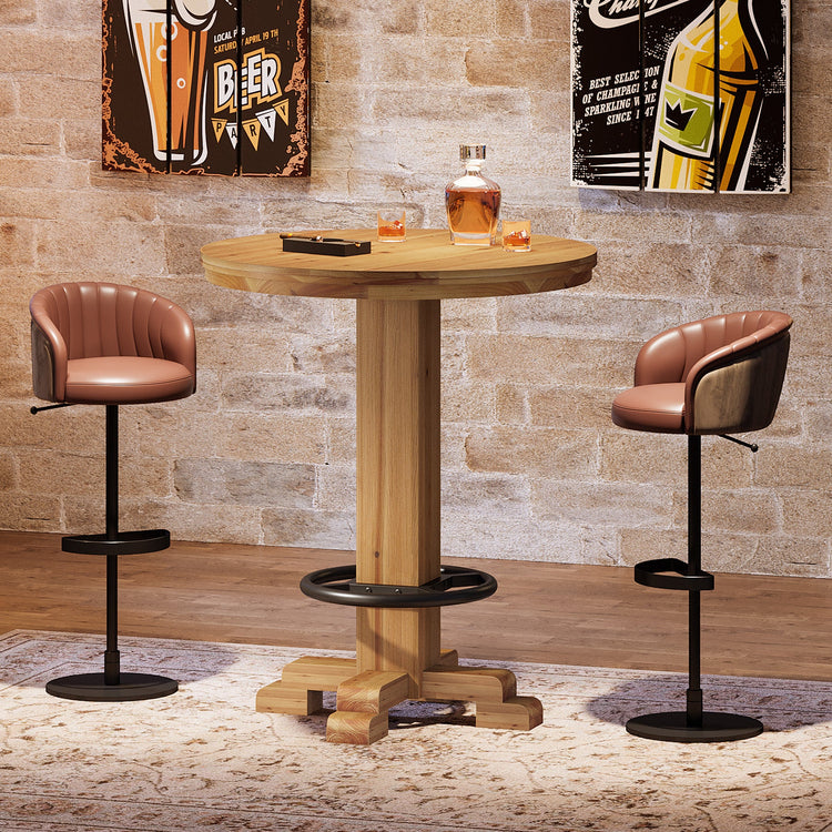 Solid Wood Round Bar Table, 37.4" H Bistro Pub Table with Metal Footrest