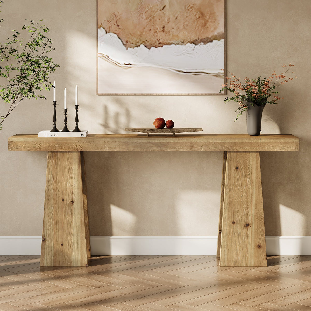 70.9" Solid Wood Console Table, Long Sofa Table with Reinforced Frame
