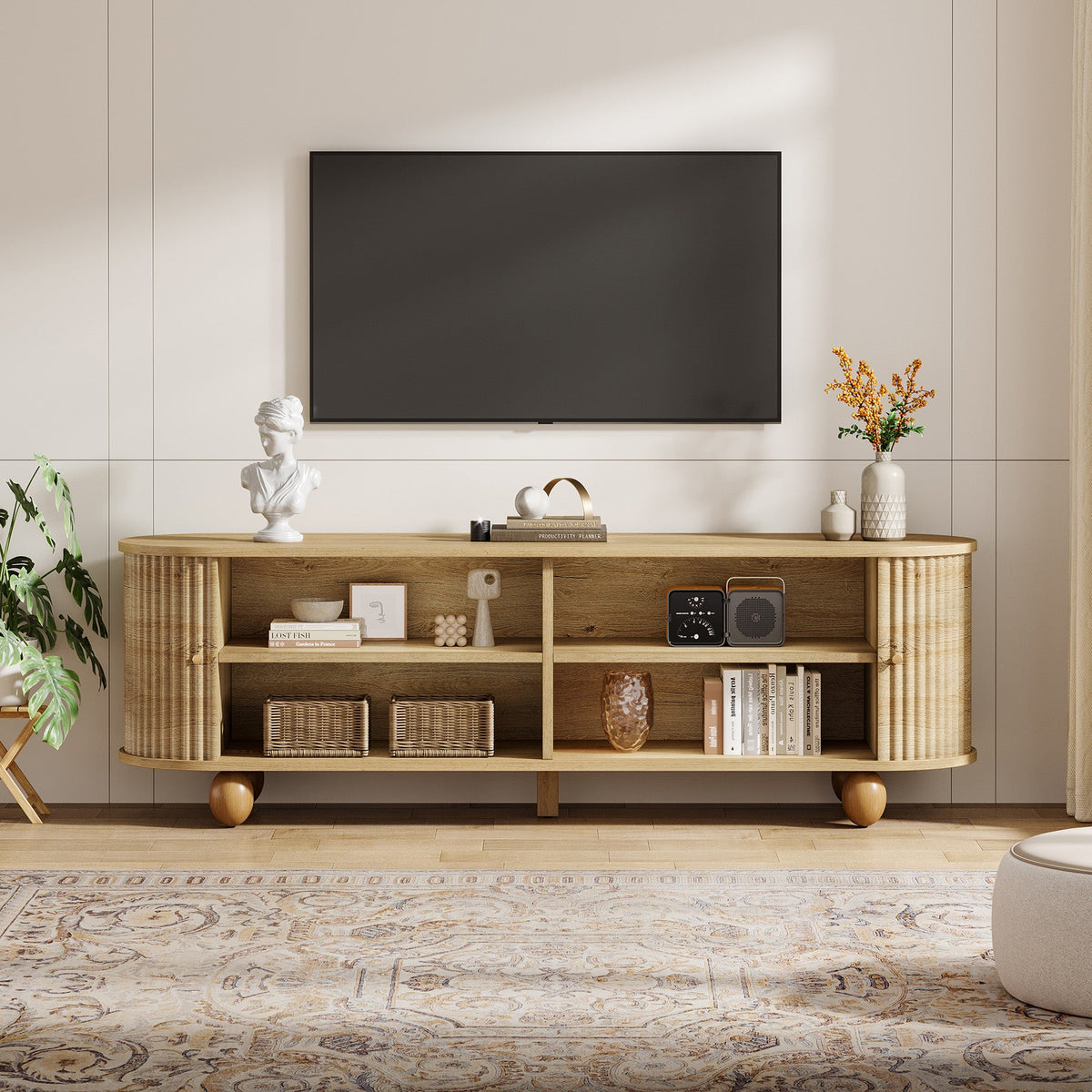 70" TV Stand, Farmhouse Media Console with Shelves and Sliding Doors