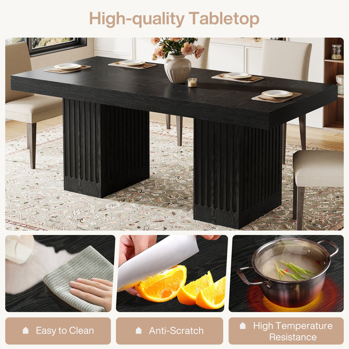 63" Dining Table for 4-6 People, Rectangular Kitchen Table with  Double Pedestal