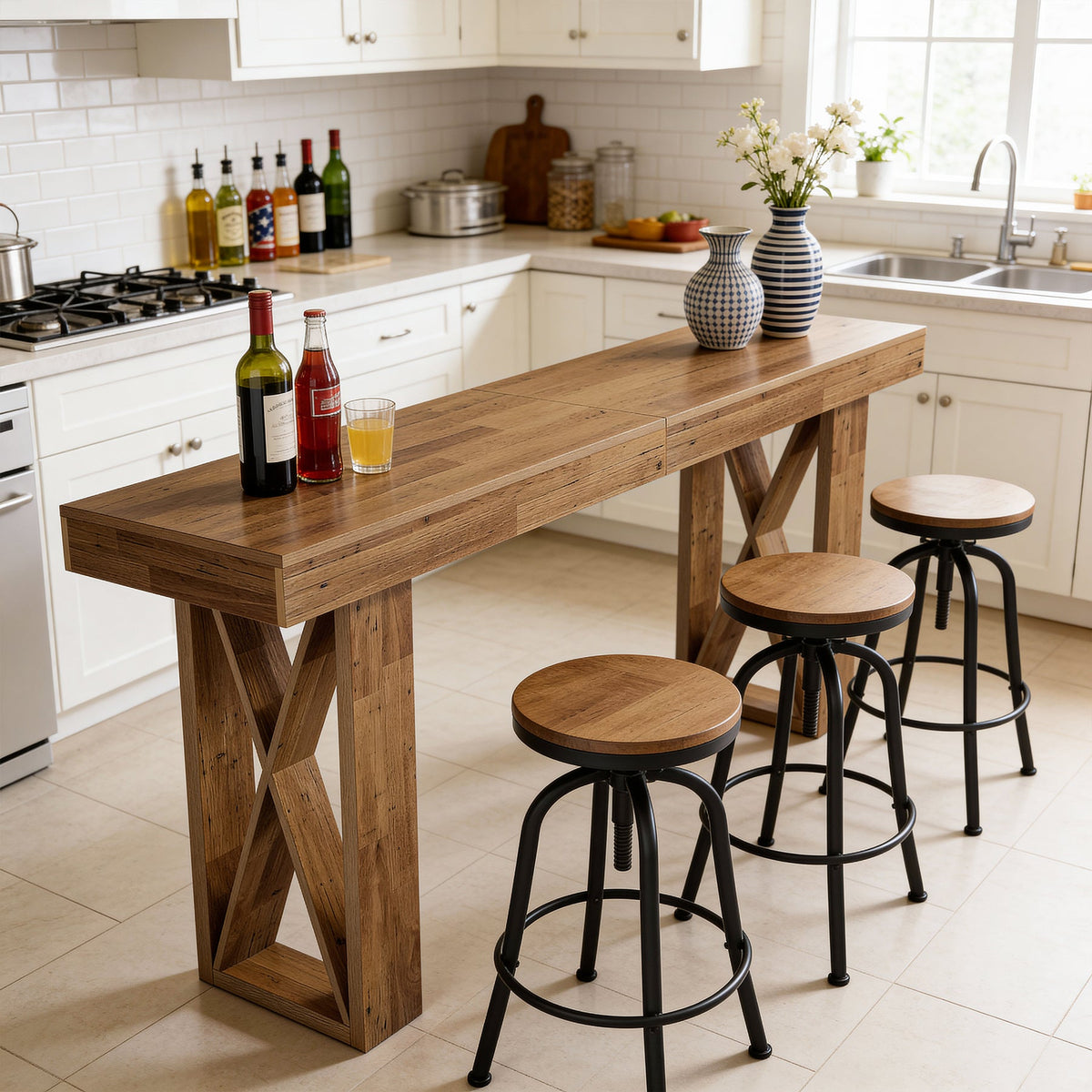 63" Bar Table, Rectangular Counter Height Pub Table with X-Shaped Frame