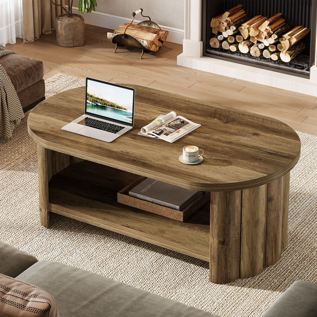 47.24" Oval Coffee Table, 2-Tier Accent Center Table with Storage Shelf for Living Room