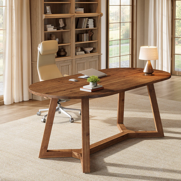 Solid Wood Computer Desk, 63" Oval Executive Desk with Sturdy Tapered Legs