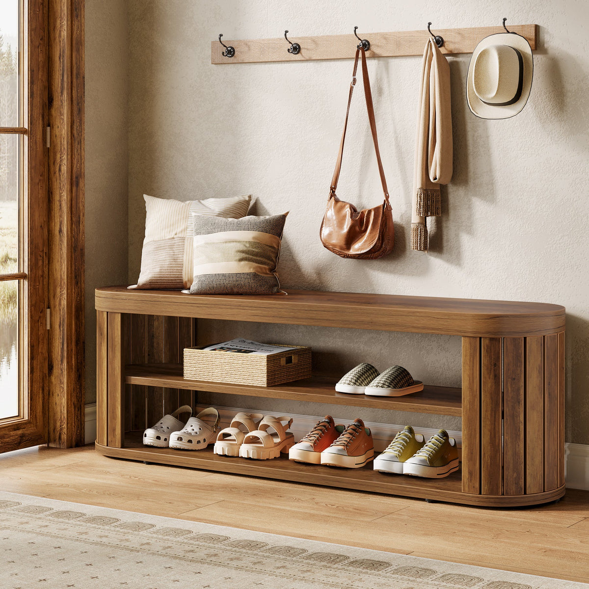 47.2" Entryway Bench, 2-Tier Shoe Bench End of Bed Stool with Storage