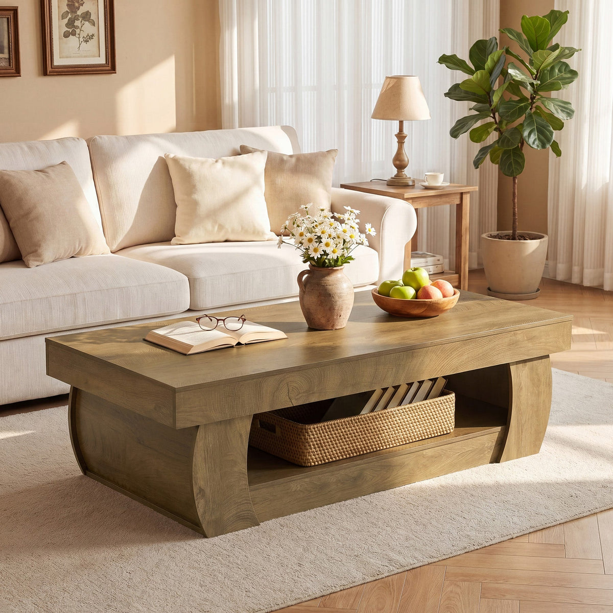 Tribesigns 55-Inch Wooden Coffee Table with 2-Tier Storage Shelf and Curved Legs, Modern Farmhouse Center Table for Living Room and Apartment