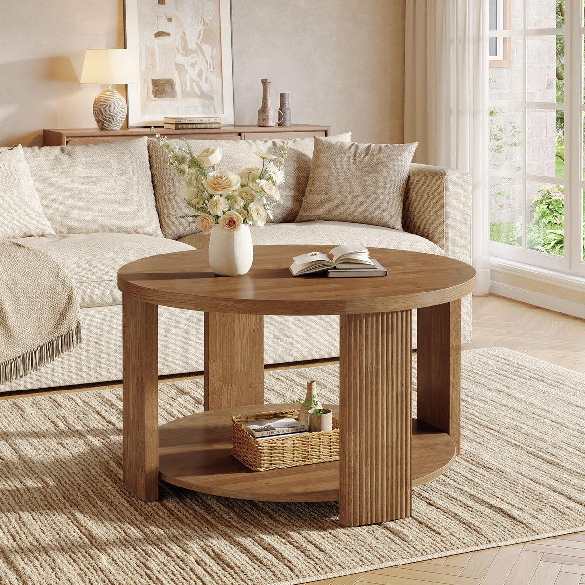 2-Tier Round Coffee Table, 31.5" Circle Accent Center Table with Thick Tabletop