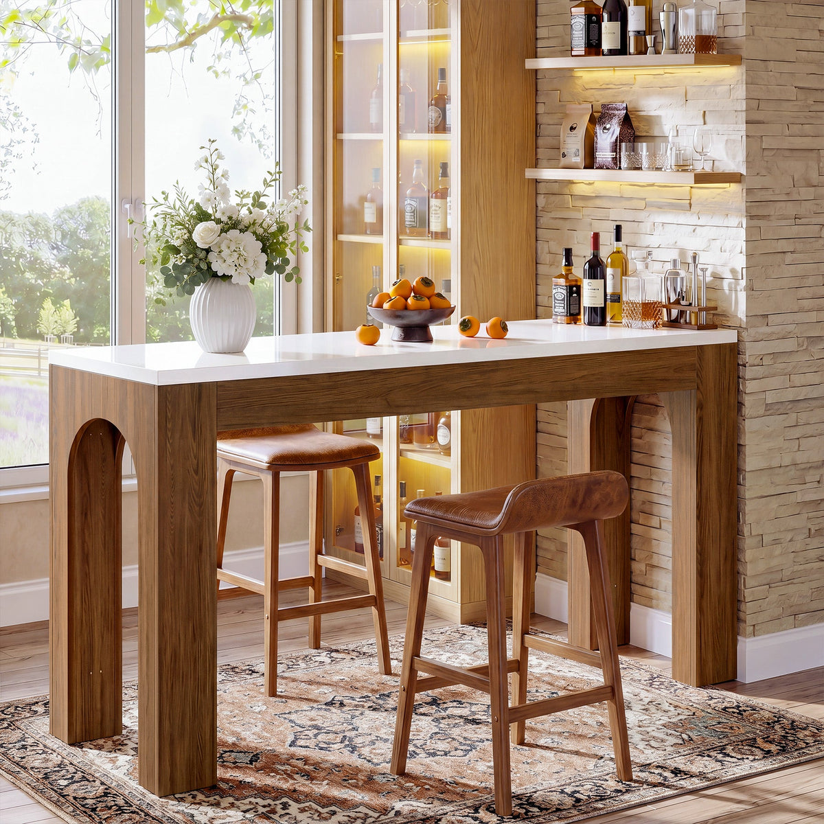 63" Modern Bar Table, Rectangular Counter Height Pub Table with Arched Leg