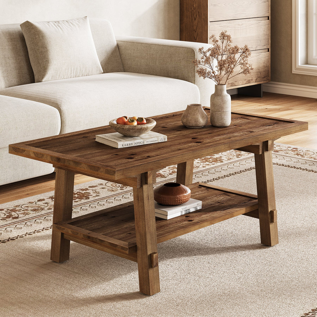 Solid Wood Coffee Table, 47" Rectangle Center Table with 2-Tier Shelves