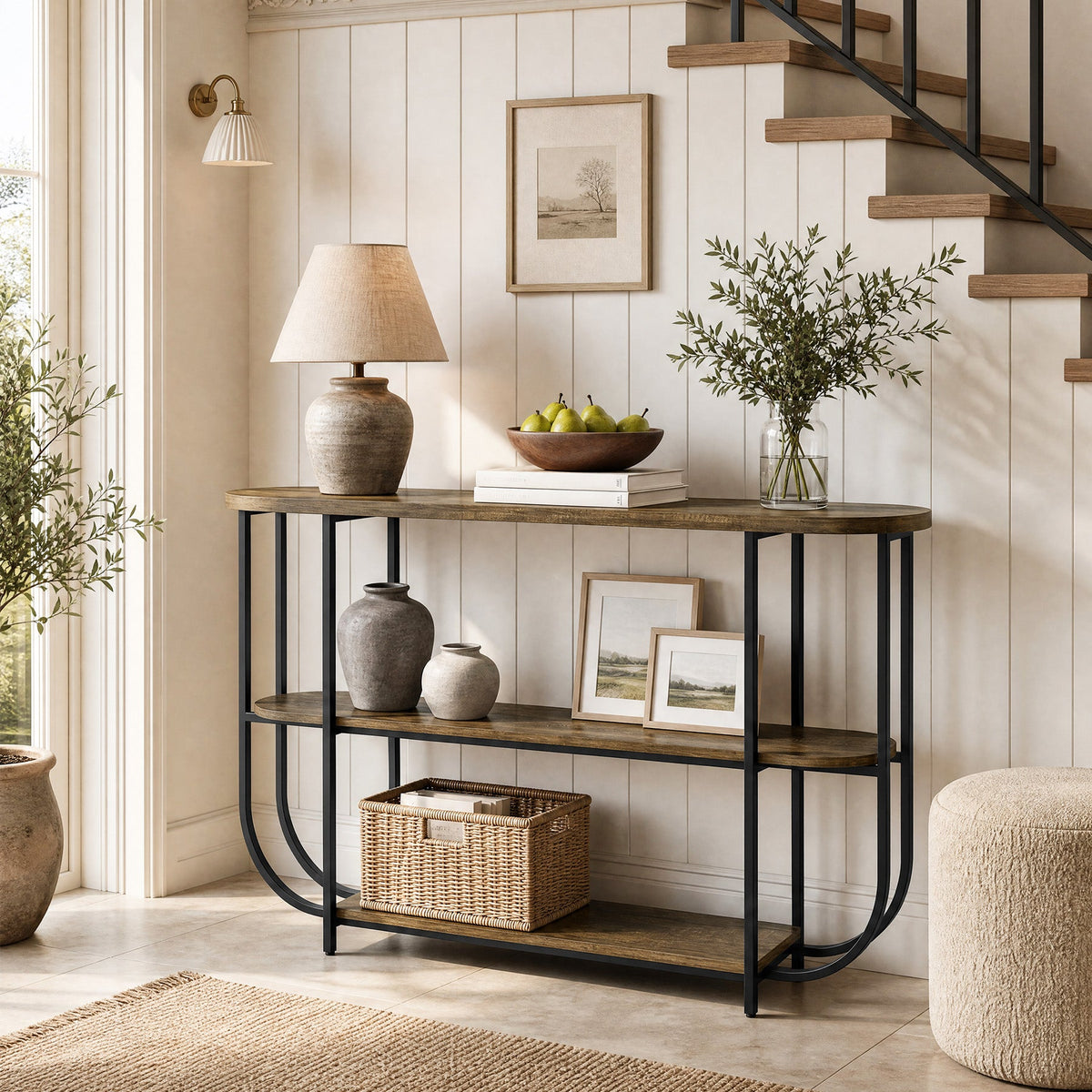 63" Console Table, 3-Tier Narrow Entryway Table with Curved Metal Frame
