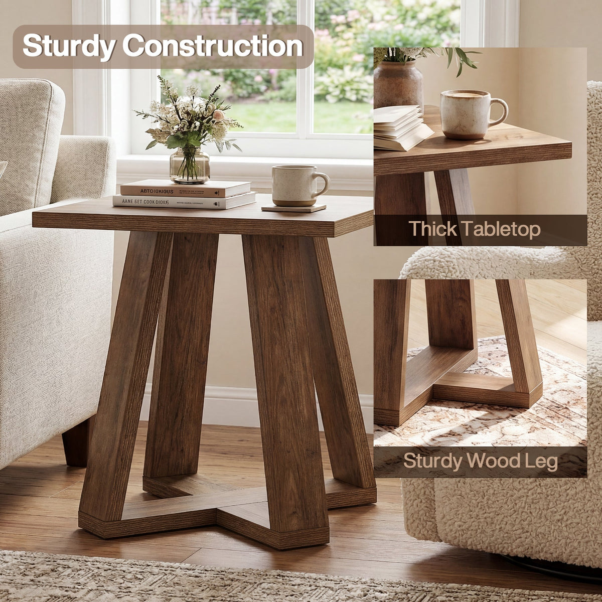 19.7" Farmhouse End Table, Cross Leg Square Side Table for Living Room