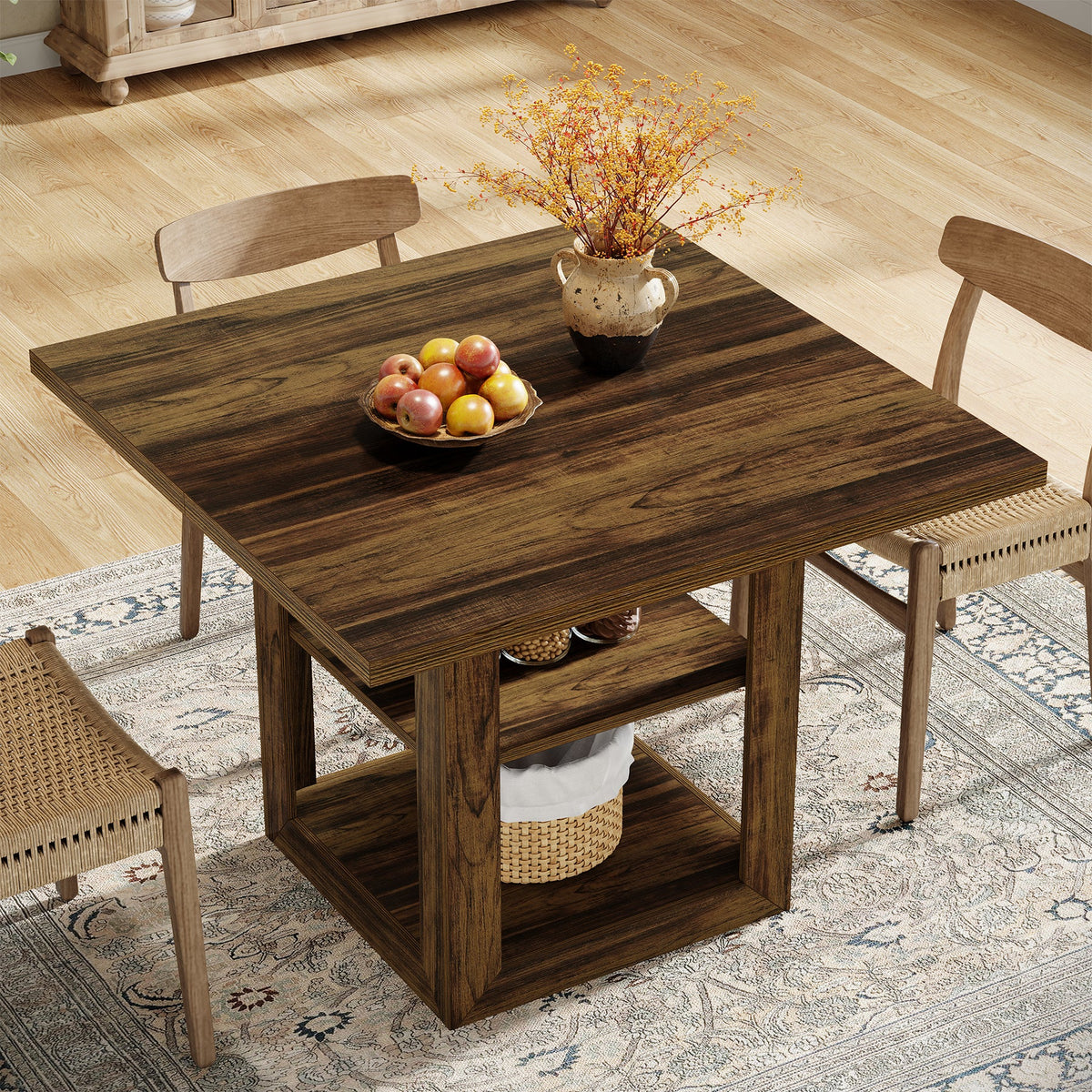 31.1" Square Dining Table for 4, Farmhouse Kitchen Table with 2-Tier Storage Shelf