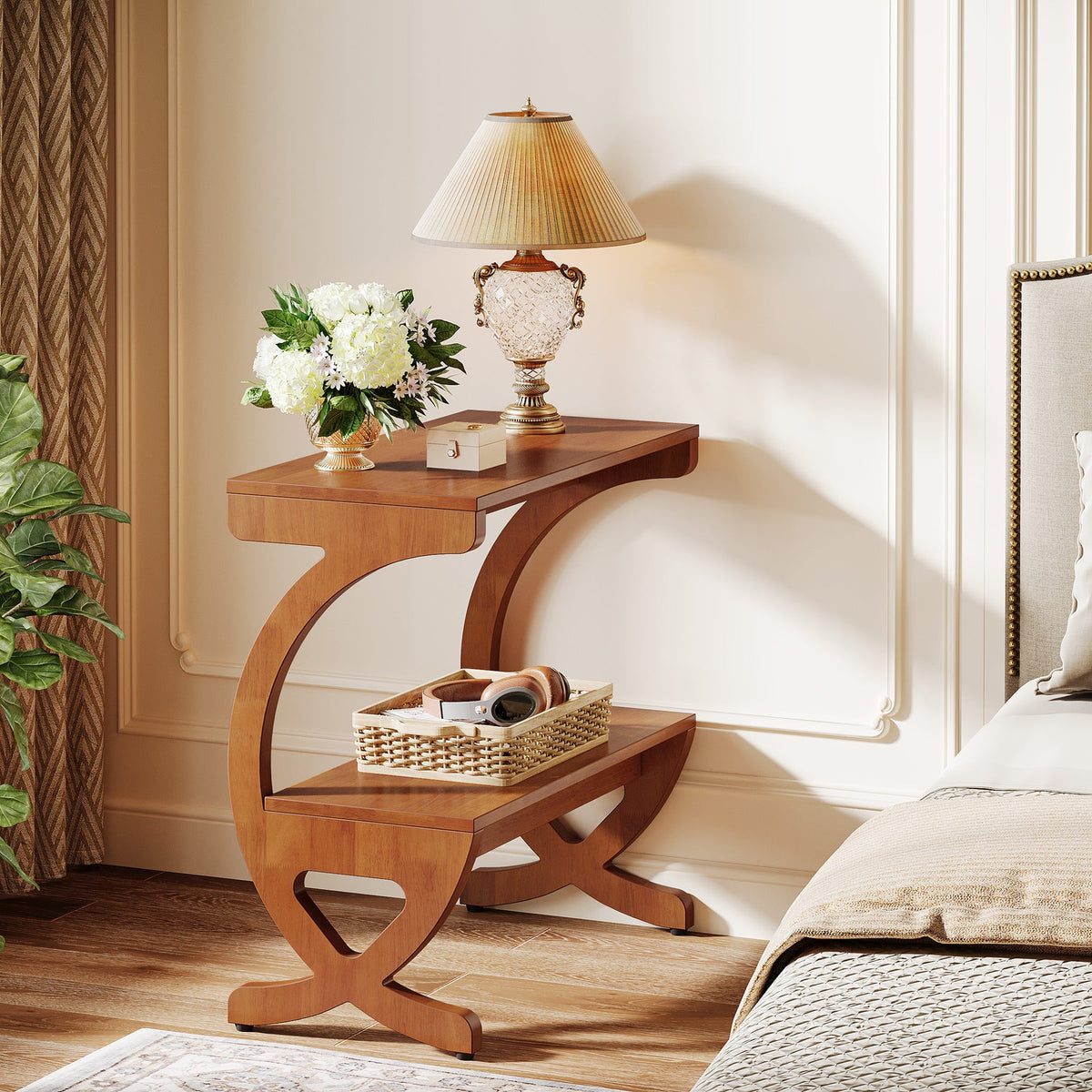 Solid Wood Nightstand, 23.62" Bedside Table with 2-Tier Storage Shelf