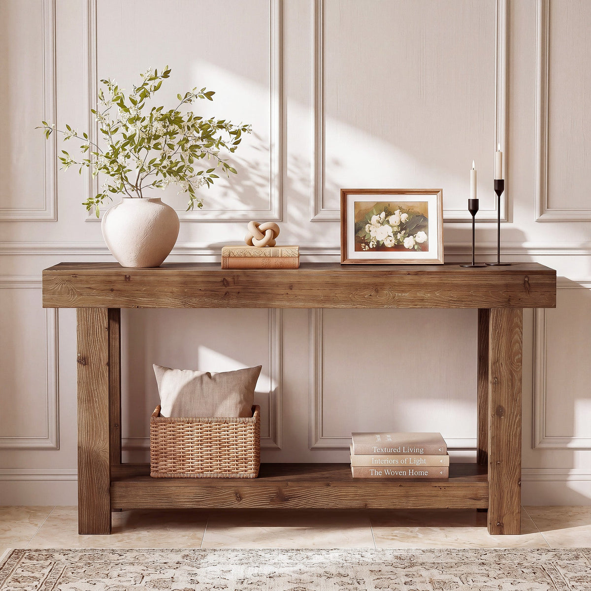63" Solid Wood Console Table, 2-Tier Entryway Sofa Table with X-Shaped Support Frame