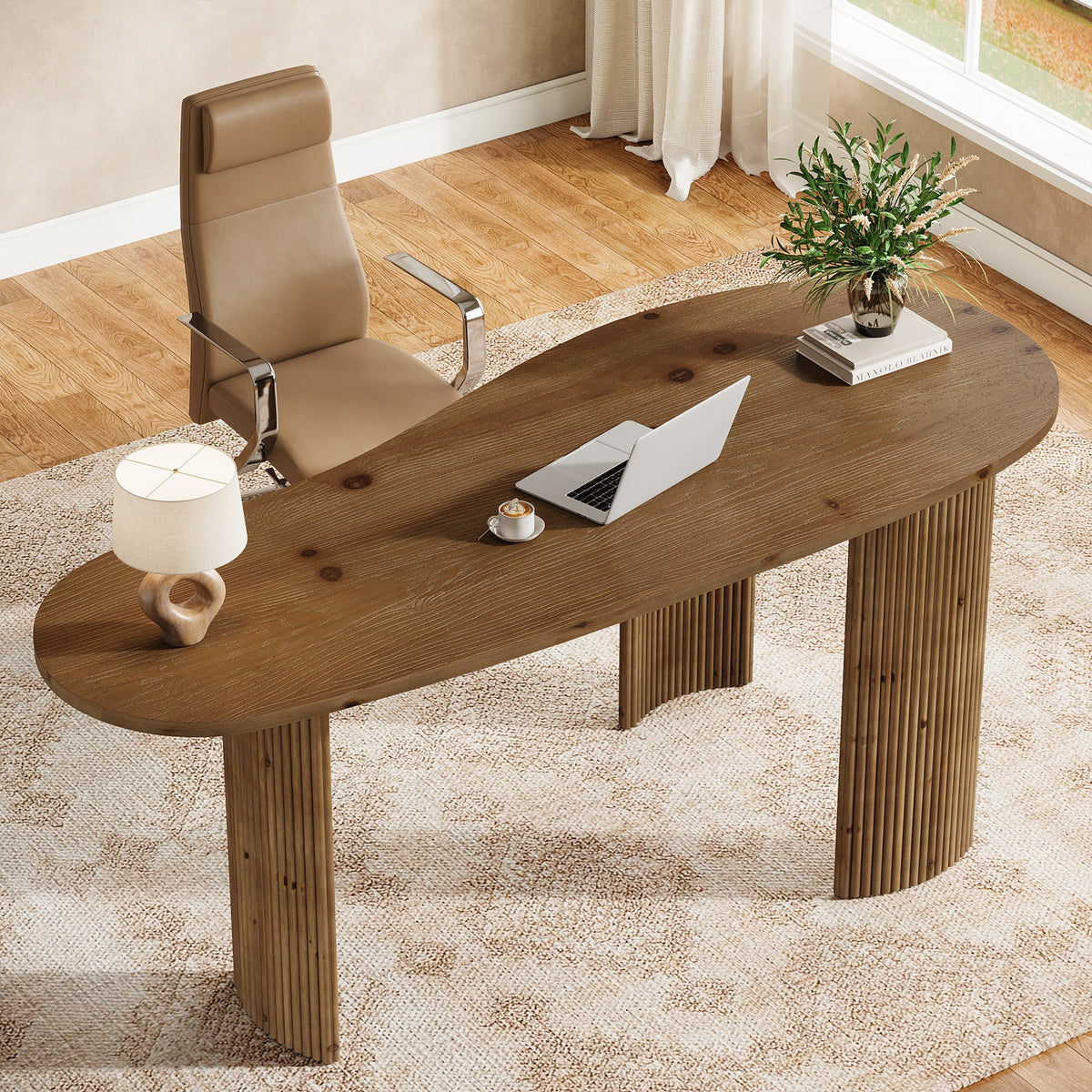 59" Solid Wood Executive Desk, Curved Computer Desk with Fluted Wooden Legs