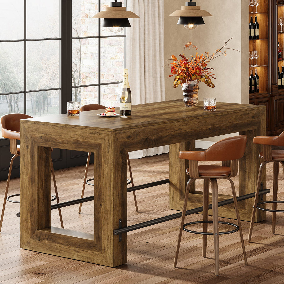 Counter Height Bar Table, 59" Pub Table With Metal Footrest For Dining Room
