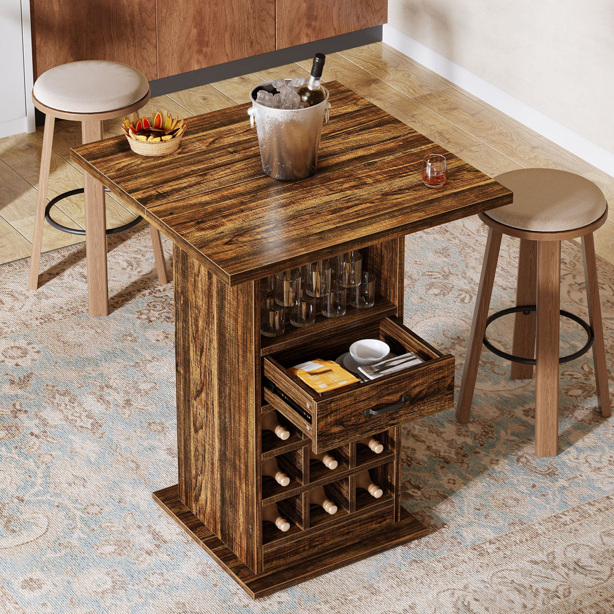 Home Bar Unit,  Square Liquor Bar Cabinet with Storage Drawer and Wine Rack