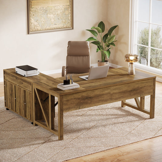 L-Shaped Executive Desk, 63" Computer Desk with Drawer Cabinet