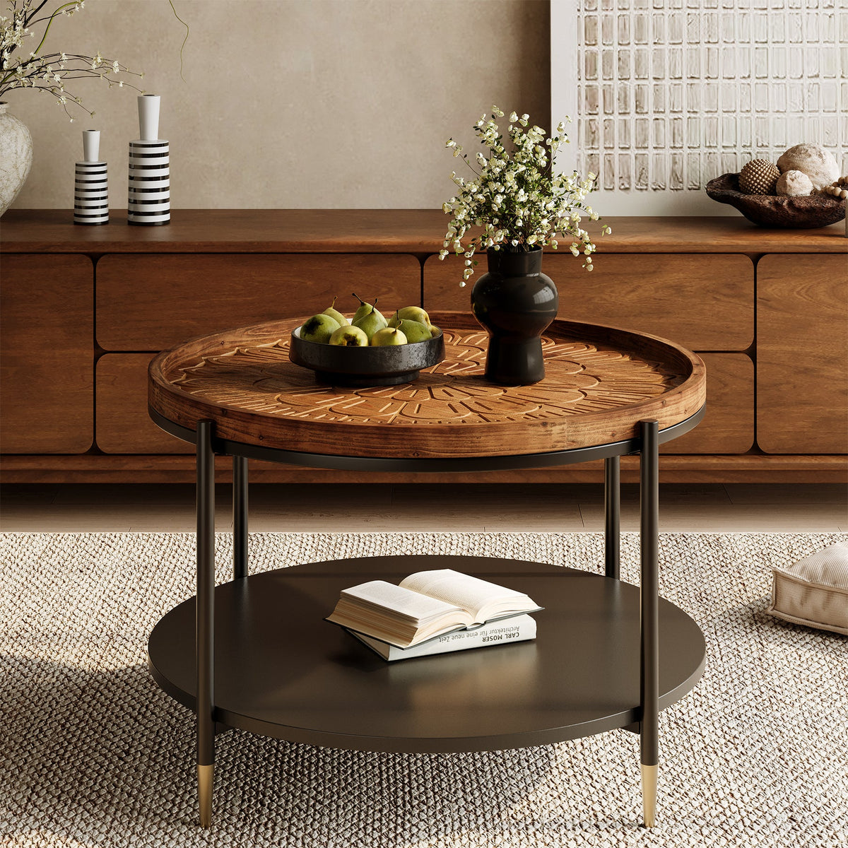 Solid Wood Round Coffee Table, 31.5" Center Tea Table with Metal Frame
