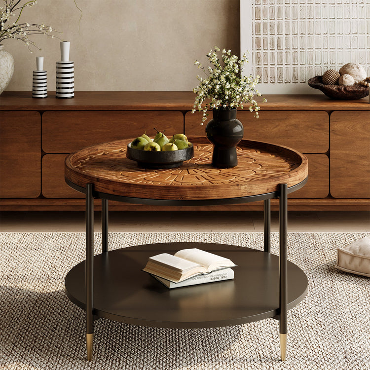 Solid Wood Round Coffee Table, 31.5" Center Tea Table with Metal Frame