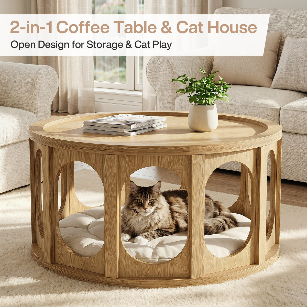 Tribesigns 31.5-Inch Modern Round Coffee Table with Open Storage Shelf, Wood Grain Center Table for Living Room