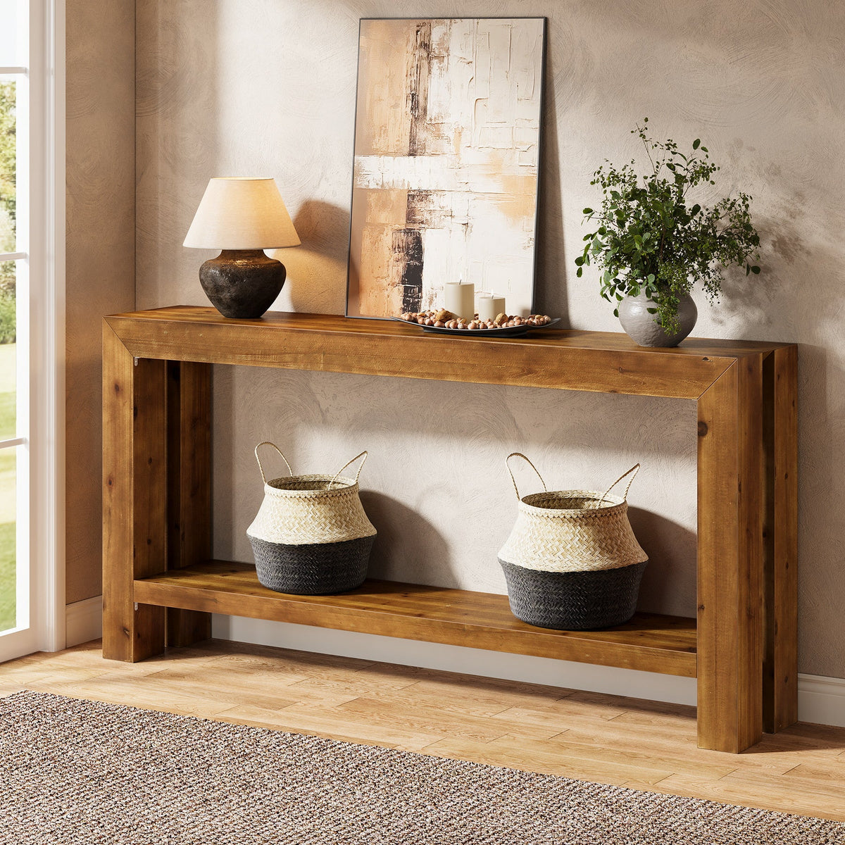 63" Solid Wood Console Table, 2-Tier Sofa Entryway Table for Hallway