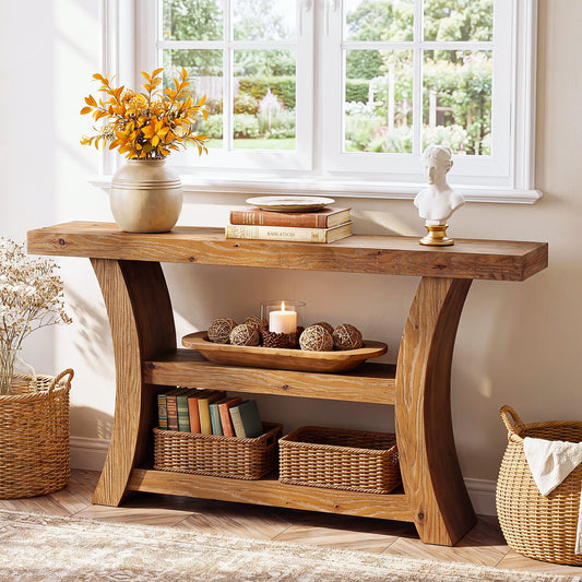 55" Solid Wood Console Table, 3-Tier Entryway Sofa Table with Open Shelves for Entrance