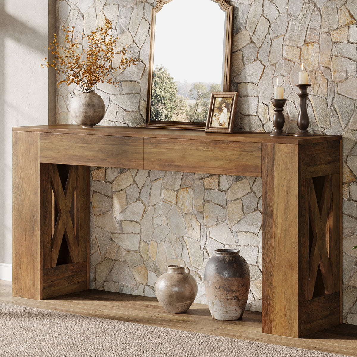 63" Console Table, Narrow Sofa Table with 2 Drawers and X-Shaped Legs