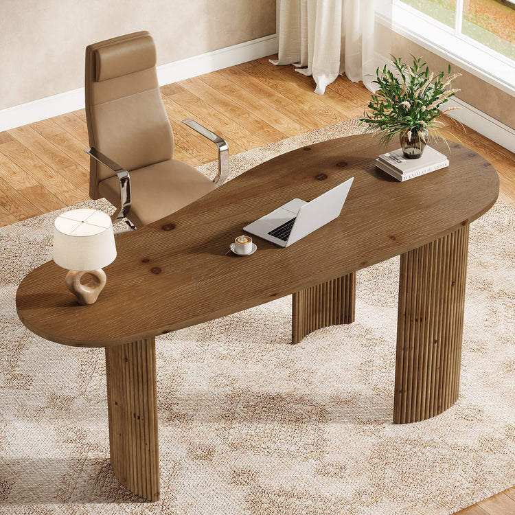 59" Solid Wood Executive Desk, Curved Computer Desk with Fluted Wooden Legs