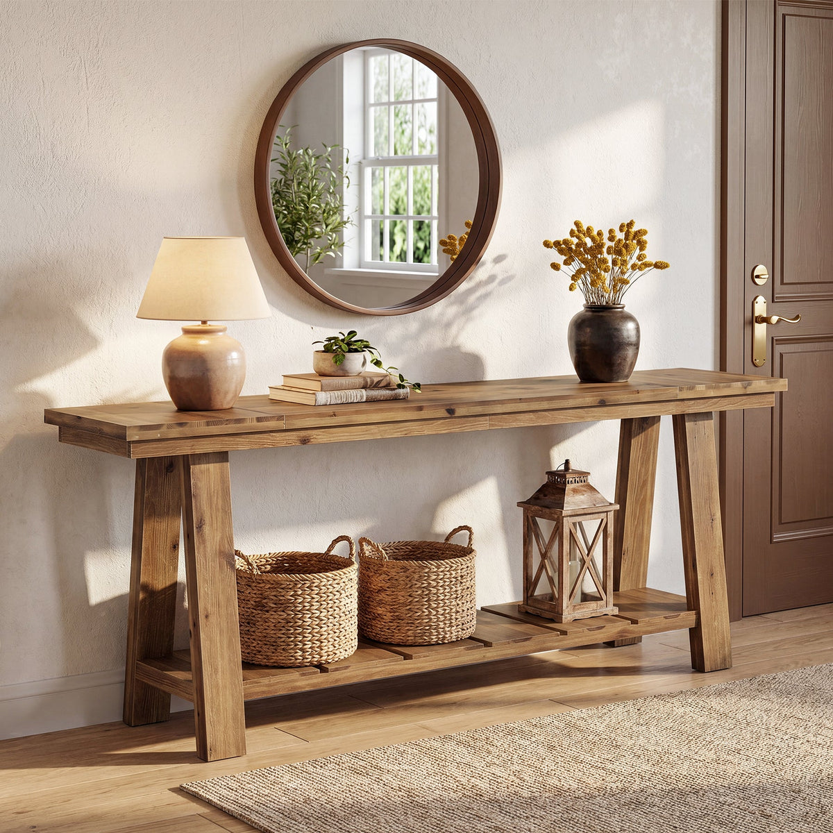 79" Solid Wood Console Table, Long Farmhouse Entryway Table with 2-Tier Storage Shelf