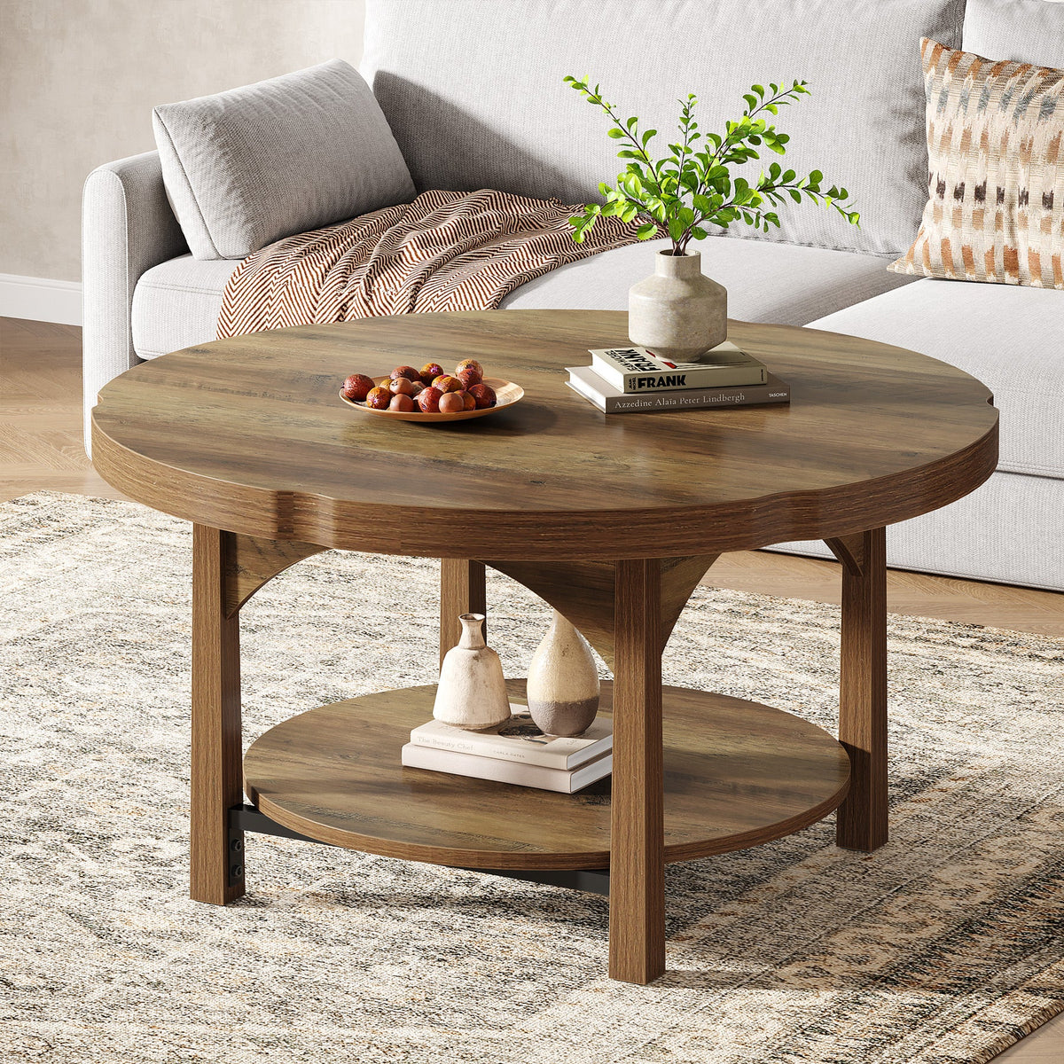 33.46" Round Coffee Table, 2-Tier Farmhouse Center Table with Storage Shelf