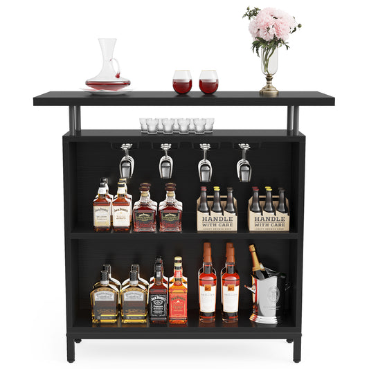 Bar Unit, 3-Tier Bar Table Liquor Cabinet with Stemware Rack