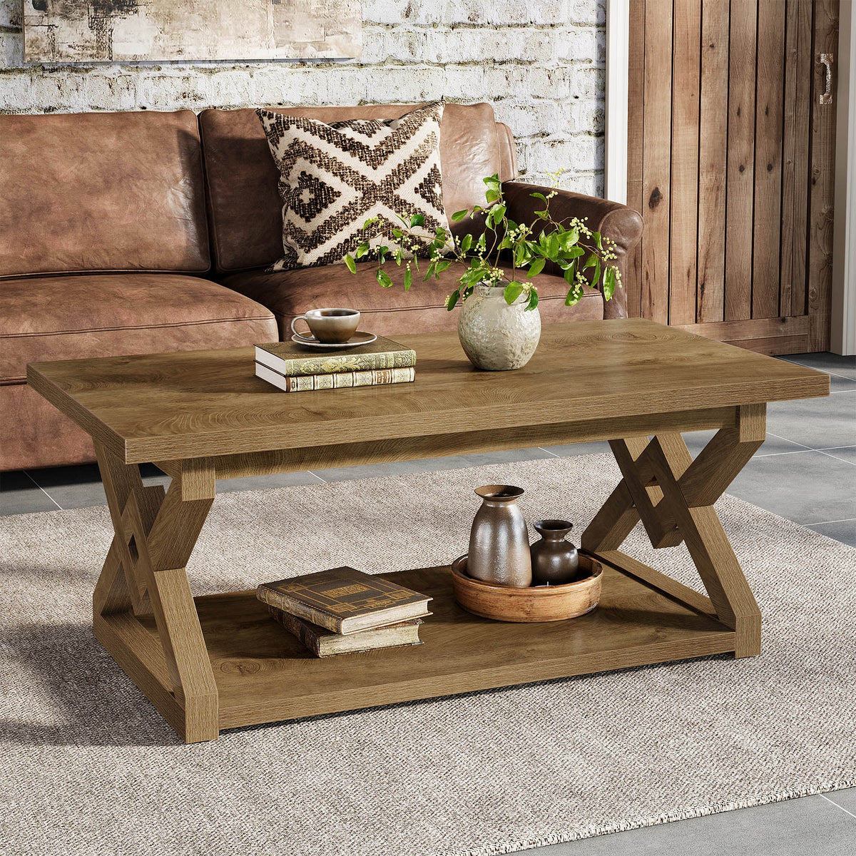 2-Tier Coffee Table, 47.24" Rectangle Center Tea Table with Open Shelves