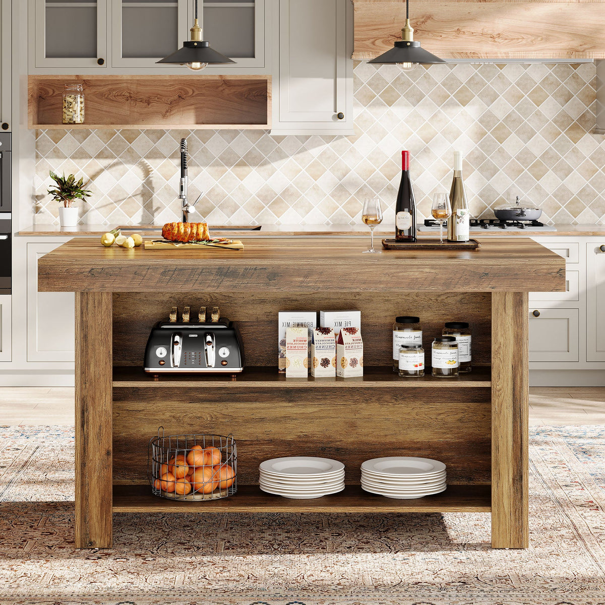 55" Kitchen Island, 3-Tier Island Table Counter Height Bar Table