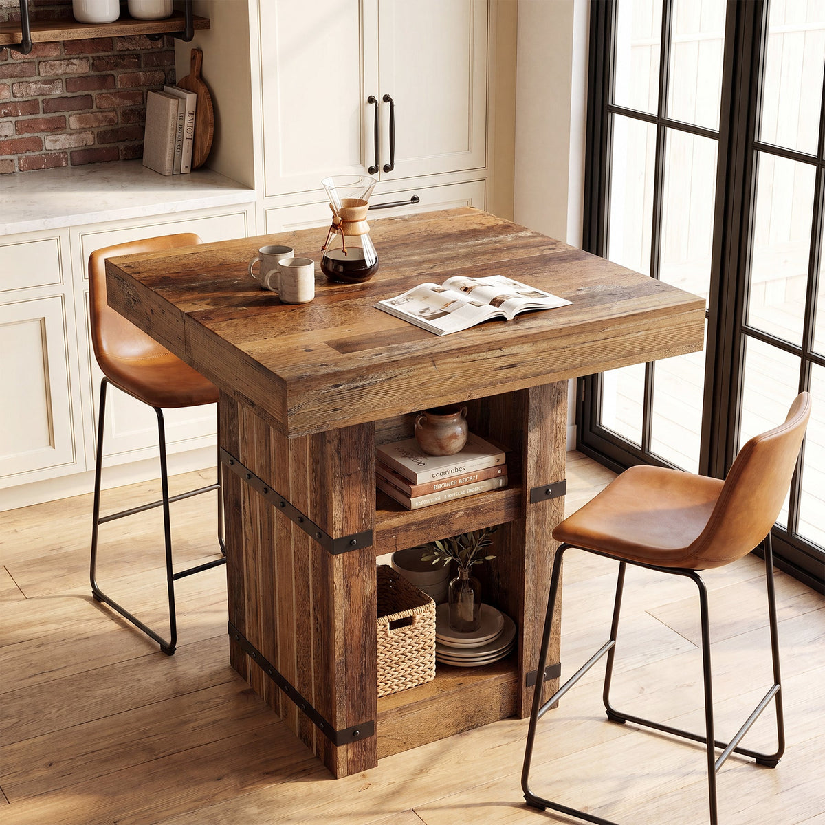 31.5" Square Bar Table, Counter Height Dining Table with Storage Base