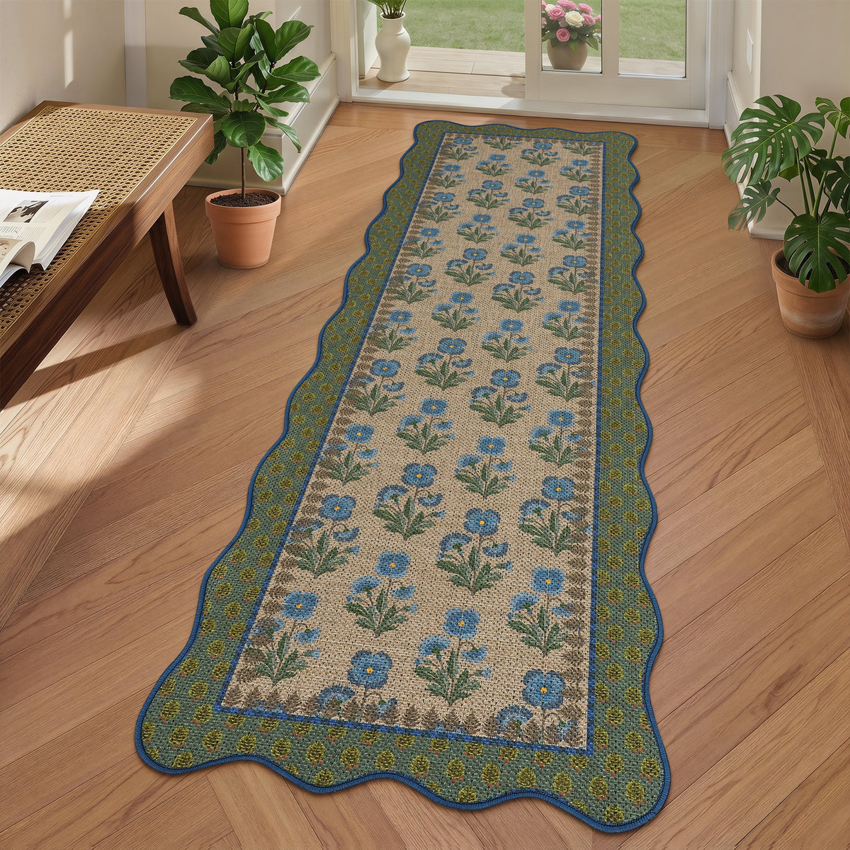 2x6/3x5 Scalloped Floral Easy Jute Washable Area Rug, Farmhouse Soft Low Pile Carpet for Hallway & Entryway, Oeko-Tex Certified