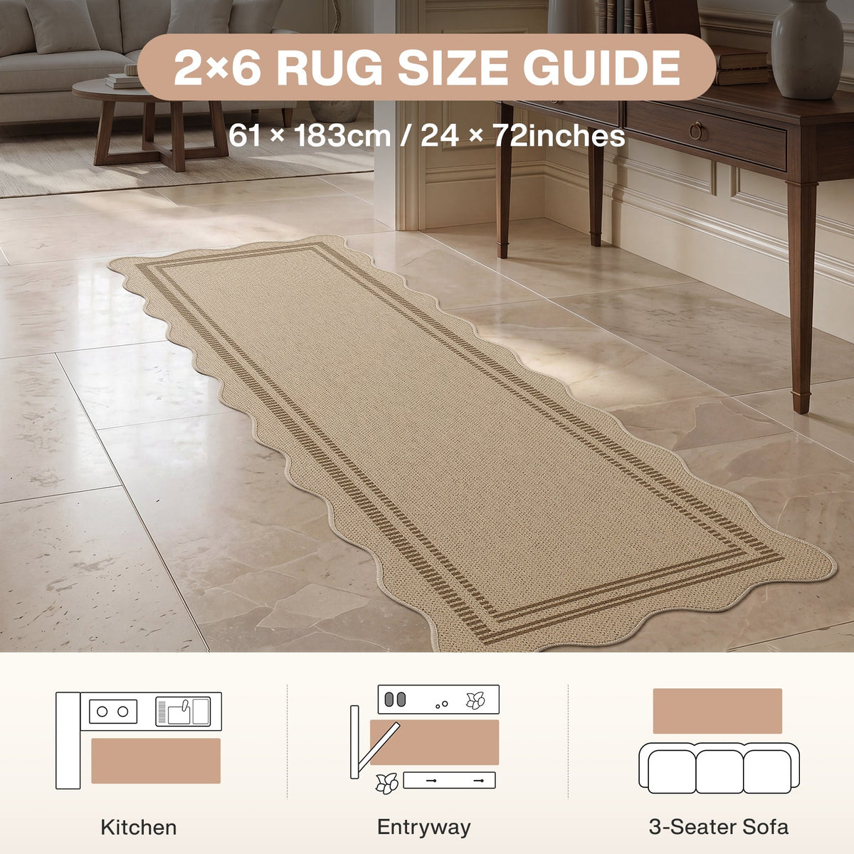 2x6 Scalloped Easy Jute Area Rugs#Style_Brown Lines