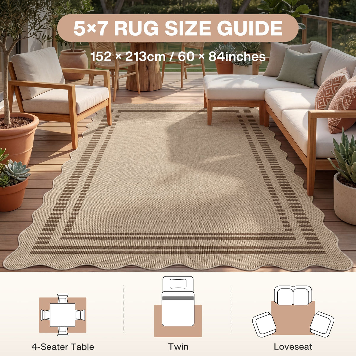 5x7 Scalloped Easy Jute Area Rugs#Style_Brown Lines