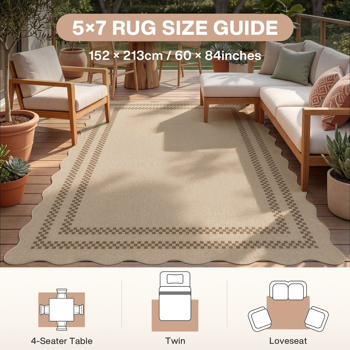 5x7 Scalloped Easy Jute Area Rugs#Style_Brown Plaid