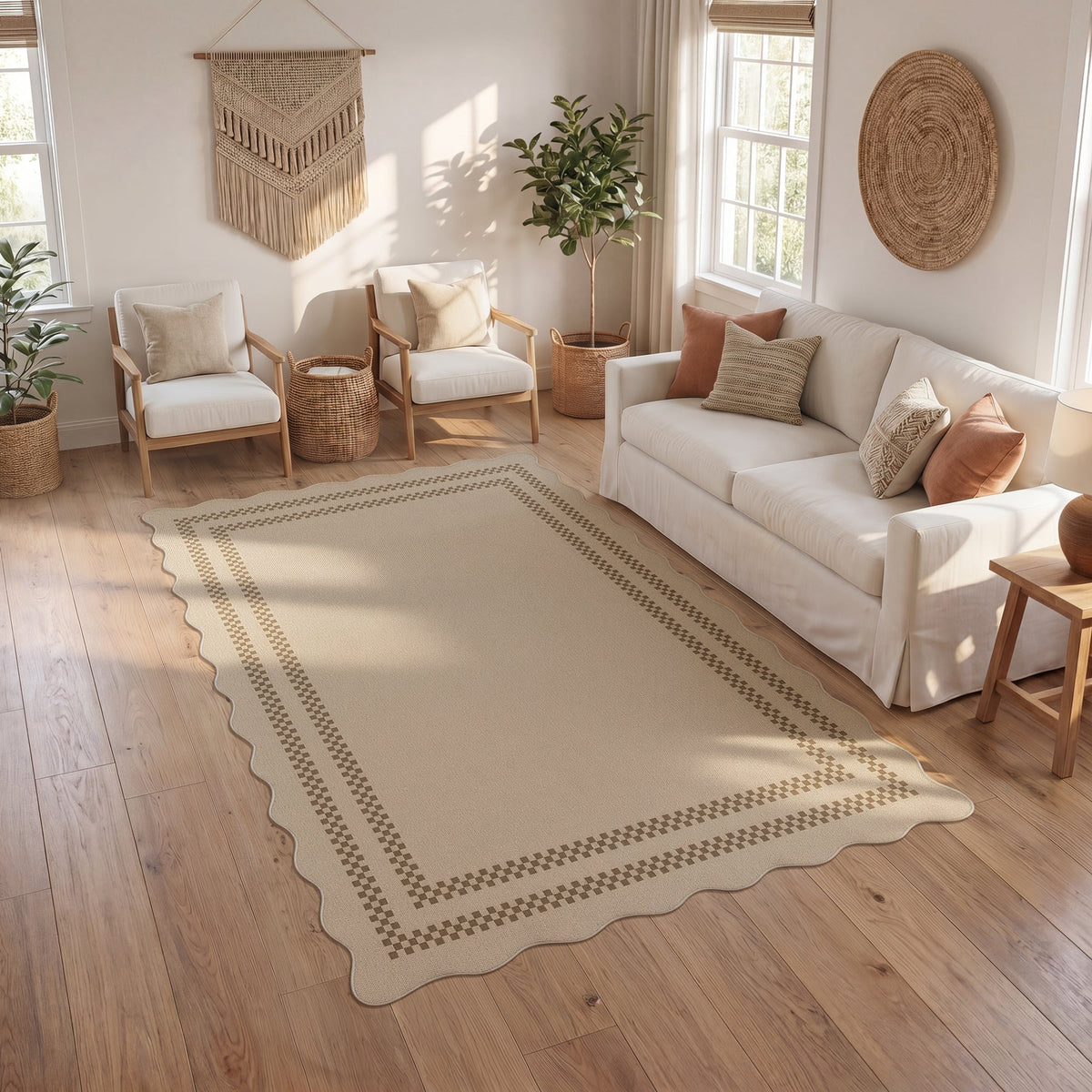 5x7 Scalloped Easy Jute Area Rugs#Style_Brown Plaid