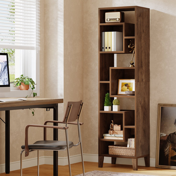 71" Narrow Bookshelf, 8-Tier Staggered Bookcase Etagere Display Shelf