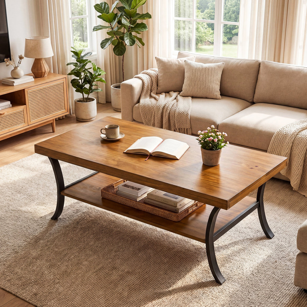 47.24" Solid Wood Coffee Table, 2-Tier Rectangular Center Table with Curved Metal Legs