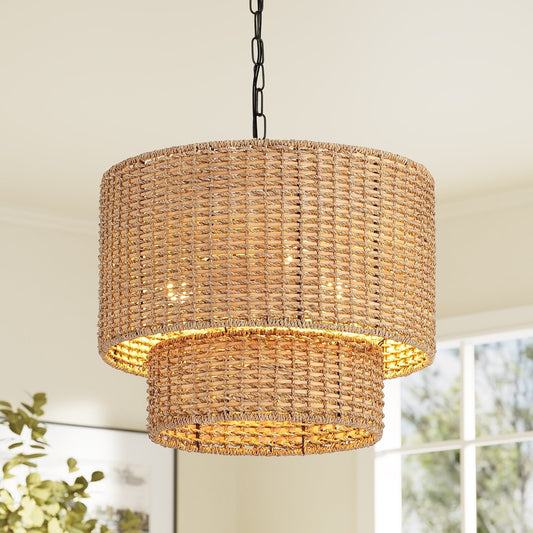 3-Light Light Fixture, Hand-Woven Rattan Pendant Light With Adjustable Height